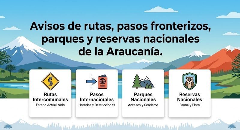 Avisos de rutas, pasos fronterizos, parques y reservas nacionales de la Araucanía.